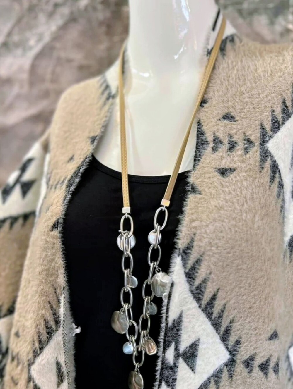 Beige Aztec-Pattern Open-Front Cardigan Sweater - Picture 4 of 15